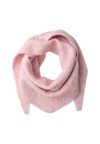 Sciarpa lavorata a maglia in morbido rosa con una texture sottile e un design ad anello. Presenta estremità appuntite che creano un effetto avvolgente.