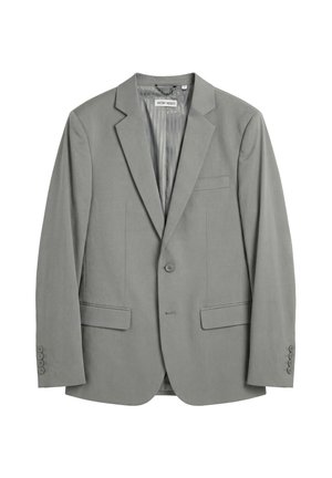 Einreihiger grauer Herrenblazer mit Kerbkragen, zwei aufgesetzten Pattentaschen vorne, einer Brusttasche und geknöpften Manschetten.