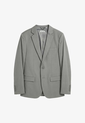 Grijze herensingle-breasted blazer met notch revers, twee voorflapzakken, één borstzak en knoopmanchetten.