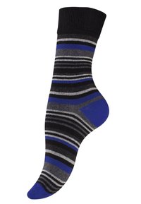 Calzino a righe con una cuffia nera, strisce orizzontali grigie, blu e nere, e punta blu. Il materiale sembra morbido ed elastico.
