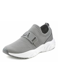 Graues Slipper-Schuhe mit einem gestrickten Obermaterial und elastischem Riemen. Verfügt über eine weiße Sohle mit strukturierter Oberfläche. Designed für Komfort und Flexibilität.