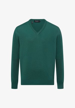 V-Ausschnitt-Pullover in tiefgrün, geripptem Material, langen Ärmeln und einer figurbetonten Silhouette. Markenlabel am Kragen sichtbar.