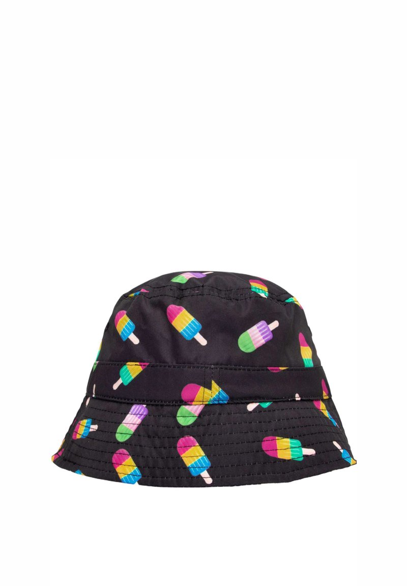 Schwarzer Bucket-Hut mit bunten Eis am Stiel Mustern in Pink, Gelb, Grün, Blau und Lila, gleichmäßig über den Stoff verteilt.