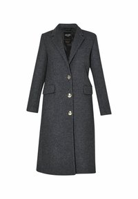 Manteau long en mélange de laine gris foncé avec col à revers, trois boutons dorés, deux poches à rabat et une poche poitrine, coupe cintrée mi-longue.