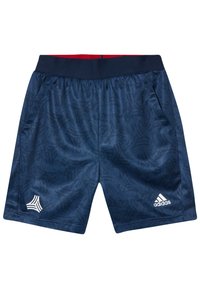 Mörkblå sportshorts med texturerat mönster, elastisk midjeresår, sidofickor och vit Adidas-logotyp på nedre högra sidan.