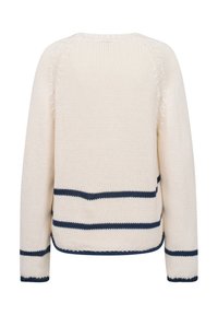Gestrickter Pullover in Creme mit navyblauen horizontalen Streifen. Er hat einen runden Ausschnitt und lange Ärmel und zeigt ein strukturiertes Strickmuster.
