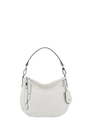 White leather shoulder bag with silver hardware, top zipper, single strap, and attached tag detail on a plain white background.