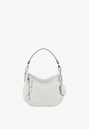 White leather shoulder bag with silver hardware, top zipper, single strap, and attached tag detail on a plain white background.
