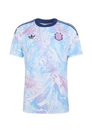 Short-sleeve sports jersey with light blue, purple, and white leaf pattern, navy collar, Adidas logo, and CR crest on chest.