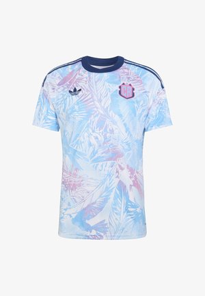 Kortærmet sportstrøje med lyseblåt, lilla og hvidt bladmønster, navy krave, Adidas-logo og CR-emblem på brystet.
