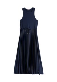 Rochie plisată de culoare bleumarin, cu un corp fără mâneci din material texturat în relief, talie cu șnur și o textură fină, având fante la tiv și accente discrete cu logo.