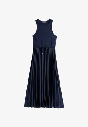 Navy-farbenes, plissiertes Kleid mit einem gerippten, ärmellosen Oberteil, Kordelzug in der Taille und glatter Textur, das Schlitz am Saum und subtile Logopunkte aufweist.