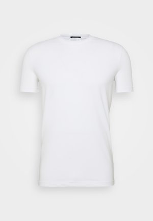 Weißes T-Shirt mit kurzen Ärmeln aus Baumwollmischung, mit einem runden Halsausschnitt und einer glatten Textur sowie einer figurbetonten Silhouette.