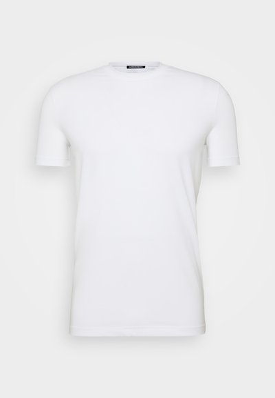 White short-sleeve t-shirt made from cotton blend, featuring a round neckline and a smooth texture with a fitted silhouette.
