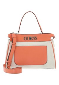 Torbę z płótna z pomarańczowymi akcentami z tworzywa sztucznego, górnym uchwytem, odpinanym paskiem i dużą kieszenią z przodu. Metalowe logo z przodu.