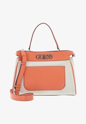 Canvas håndtaske med orange syntetiske detaljer, topgreb, aftagelig rem og stor frontlomme. Metallisk logo på forsiden.