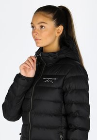 Czarna kurtka puchowa z zamkiem błyskawicznym, kapturem i poziomym pikowaniem. Posiada logo "Swedemount" w białym kolorze na klatce piersiowej.