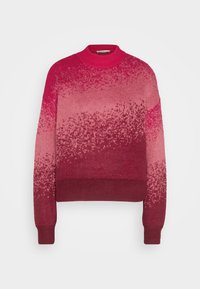 Pull en maille à manches longues avec un dégradé de nuances rouges et roses, doté d’un col rond montant et de poignets et ourlet côtelés.