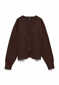 Bruine cardigan met een diepe V-hals, lange mouwen en een knopenfront. Gemaakt van zachte stof met een relaxte pasvorm en ribgebreide manchetten.