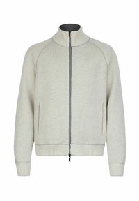 Helles graues Zip-up Sweatshirt mit Stehkragen, Raglanärmeln, gerippten Bündchen und Saum; verfügt über zwei Fronttaschen und Kontrastnähte.