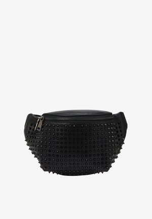 Black leather bag with rounded shape and studded texture. Features a zippered top and protruding spikes along the sides for added detail.