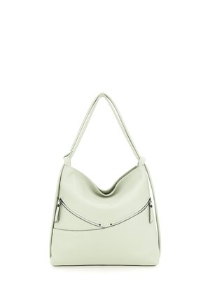 Sac à épaule en cuir gris clair avec deux poches zippées et une large sangle unique, structuré avec des détails de coutures courbes subtiles.