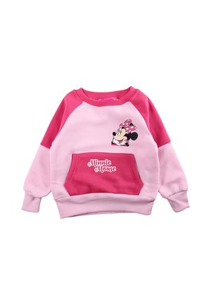 Sweatshirt rose avec manches raglan, arborant un motif Minnie Mouse et une poche avant. Mélange de coton doux avec poignets et ourlet côtelés.