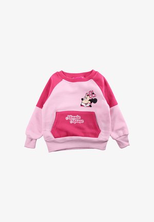 Sweatshirt rose avec manches raglan, arborant un motif Minnie Mouse et une poche avant. Mélange de coton doux avec poignets et ourlet côtelés.