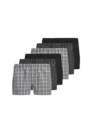 Sechsteiliges Set von Shorts in verschiedenen schwarzen und grauen Mustern, einschließlich Karomuster. Elastischer Bund, leichtes Material. Verschiedene Designs in jedem Paar.