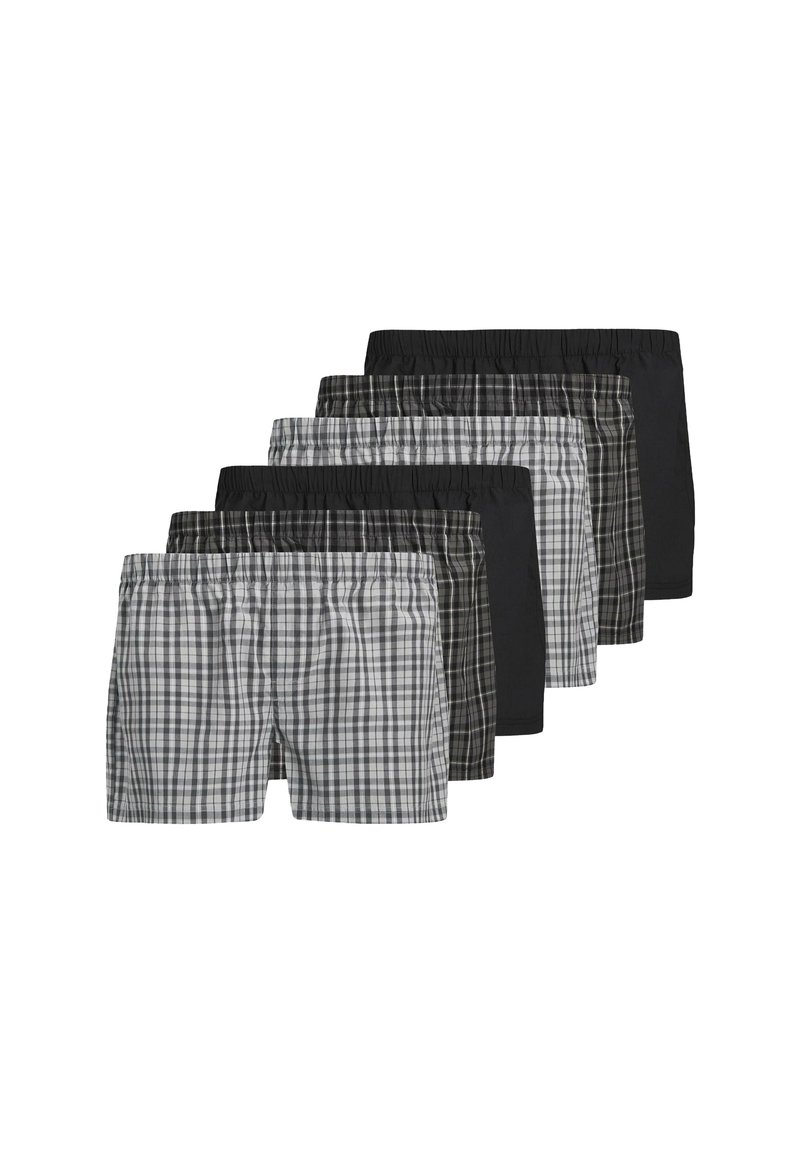 Conjunto de seis pantalones cortos en varios patrones en negro y gris, incluyendo cuadros. Cintura elástica, tejido ligero. Diferentes diseños en cada par.