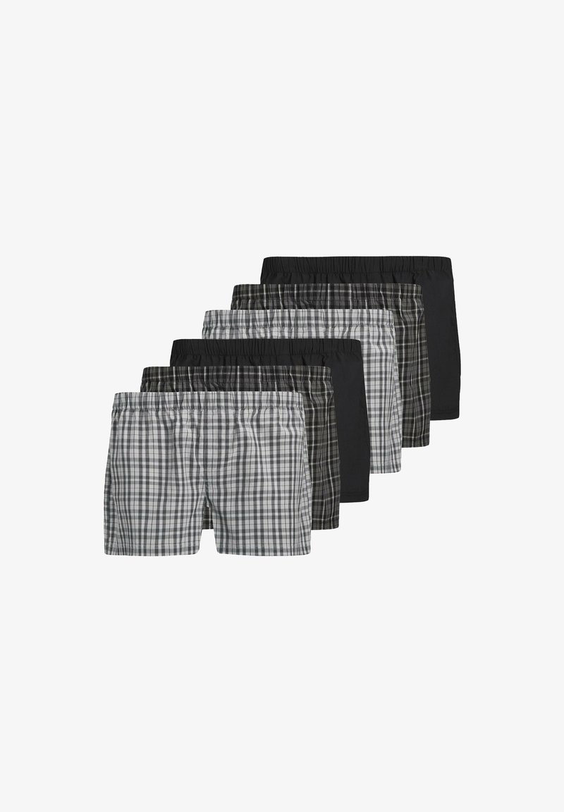 Conjunto de seis pantalones cortos en varios patrones en negro y gris, incluyendo cuadros. Cintura elástica, tejido ligero. Diferentes diseños en cada par.