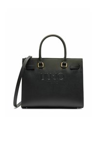 Borsa a tracolla nera con texture, manici superiori, tracolla staccabile, hardware color oro e logo impresso sul davanti.