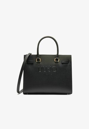 Sac fourre-tout noir texturé avec des poignées supérieures, une bandoulière amovible, des accessoires en métal doré, et un logo embossé à l'avant.