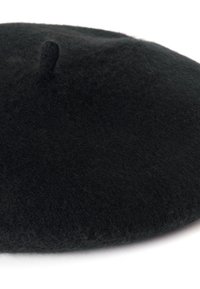 Berretto di lana nero con forma arrotondata classica e piccolo gambo superiore su sfondo bianco.