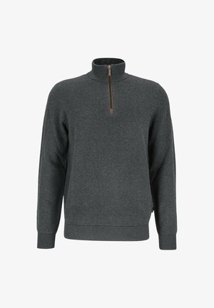 Maglione pullover grigio scuro con un motivo testurizzato, colletto alto e zip frontale a un quarto. Le maniche e l'orlo aderenti conferiscono struttura al design.