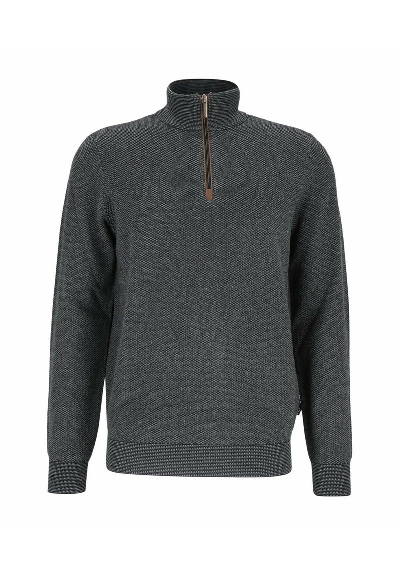 Dunkelgrauer Pullover mit strukturiertem Muster, hohem Kragen und Viertel-Reißverschluss vorne. Enganliegende Bündchen und Saum verleihen dem Design Struktur.