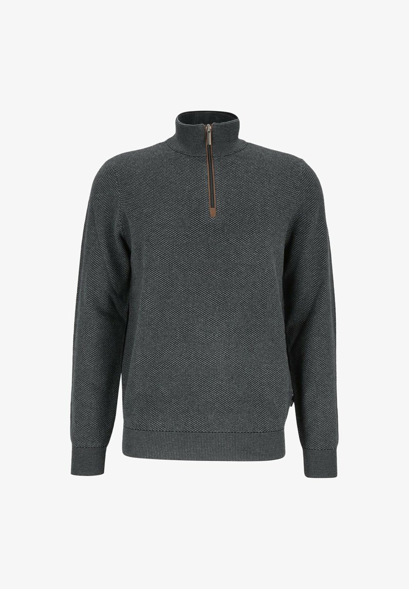 Dunkelgrauer Pullover mit strukturiertem Muster, hohem Kragen und Viertel-Reißverschluss vorne. Enganliegende Bündchen und Saum verleihen dem Design Struktur.