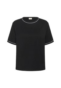 Sort kortærmet t-shirt lavet af blødt stof. Har en rund halsudskæring med hvid piping og en afslappet pasform. Basisdesign uden mønstre.