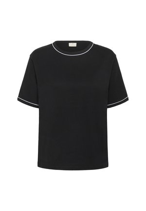 Sort kortærmet t-shirt lavet af blødt stof. Har en rund halsudskæring med hvid piping og en afslappet pasform. Basisdesign uden mønstre.