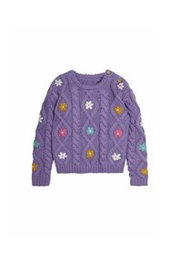 Lila gestrickter Pullover mit Kabelmuster und floralem Stickerei in Gelb, Rosa und Blau. Enthält zwei Holzknöpfe an der Schultern.