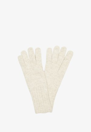 Lichtbeige gebreide handschoenen met vijf vingers, geribde manchet en een zachte textuur, ontworpen voor warmte en comfort.