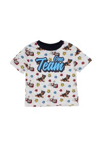 Short-sleeve gray T-shirt with a navy collar, featuring colorful cartoon dogs and paw prints, and the text "One Team" in blue lettering.