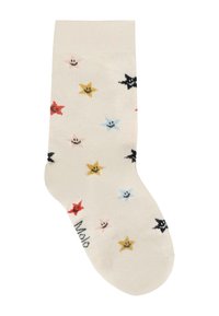 Calzino crema decorato con piccoli motivi a stella sorridente colorati in rosso, giallo, blu, rosa e nero.