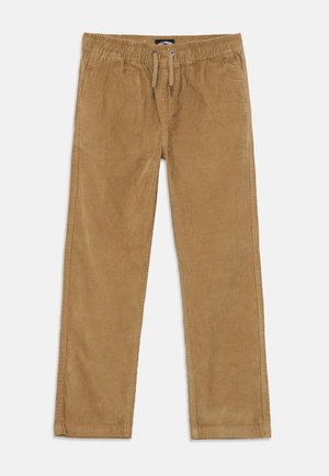 Pantalon en velours côtelé marron avec une taille élastique et un cordon de serrage. Présente une texture côtelée verticale et une coupe droite.