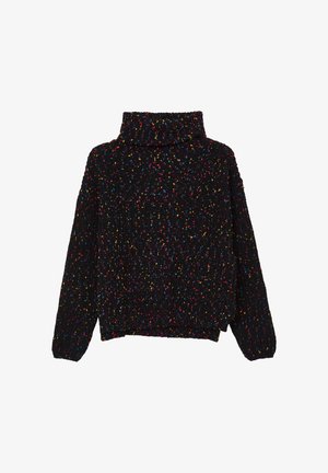 Black knit sweater with a high collar, textured fabric, and multicolored speckles. Features long sleeves and a loose fit.