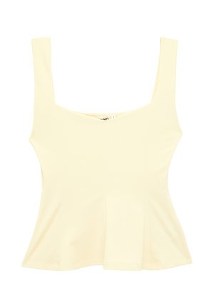 Haut ajusté sans manches de couleur crème avec de larges bretelles et un décolleté carré, conçu pour une coupe slim.