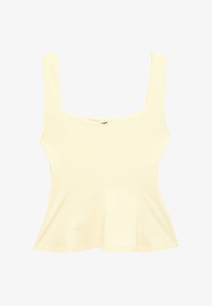 Haut ajusté sans manches de couleur crème avec de larges bretelles et un décolleté carré, conçu pour une coupe slim.