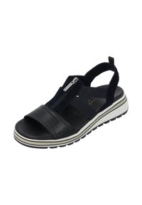 Zwart leren en suedinesandaal met twee brede banden, een enkelriem en een zool met witte strepen. Rits aan de bovenkant voor eenvoudig aantrekken.