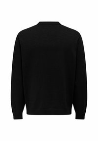 Black knitted sweater with a round neck, long sleeves, and ribbed cuffs. Features a smooth texture and a relaxed fit.