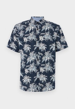 Kurzärmliges, knöpfbares Hemd in Marineblau mit einem weißen Palmenprint. Verfügt über einen kragenförmigen Ausschnitt und braune Knöpfe. Strukturiertes Material.